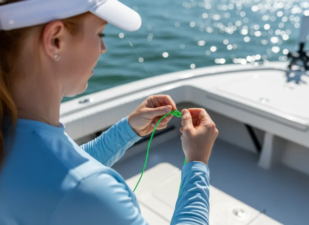 A skilled female angler with red hair seen from over her shoulder, focusing on her hands as she ties a fishing knot on a boat.