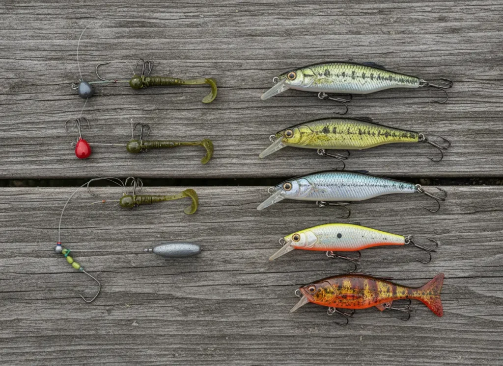A selection of smallmouth bass fishing lures, including jerkbaits and Ned rigs, arranged on a boat deck.