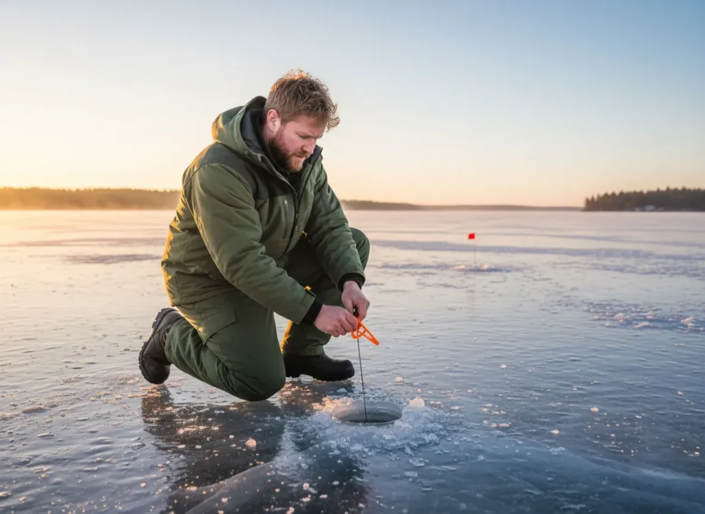 A focused fisherman sets a tip-up over an ice hole as part of his strategy on a frozen lake.