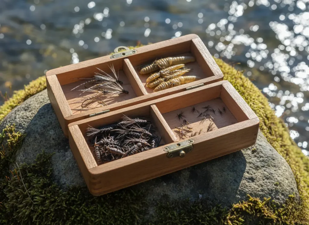 A close-up of a fly box showing hyper-realistic artificial flies imitating the four major aquatic insect orders for fishing.