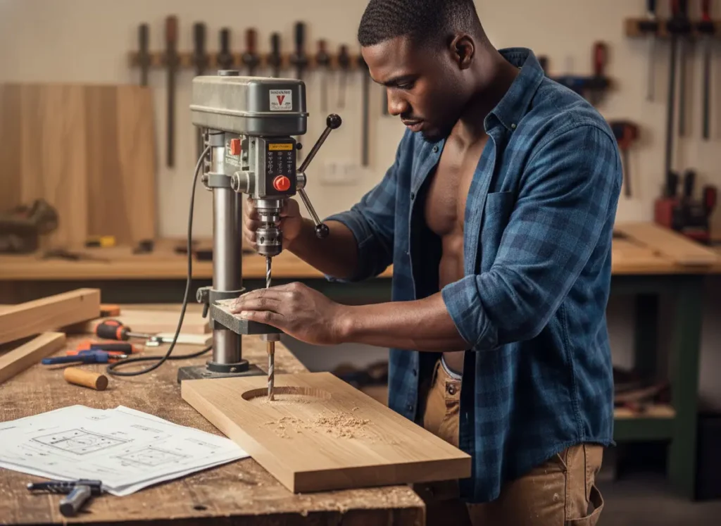 A skilled man carefully drills precise holes into an oak board in his workshop as he builds a craftsman's wall-mounted fishing rod rack.