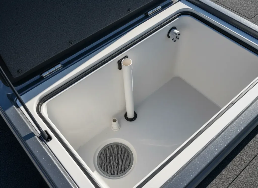 A detailed view of the inside of a modern boat livewell, showing the pumps, drains, and aerator components.
