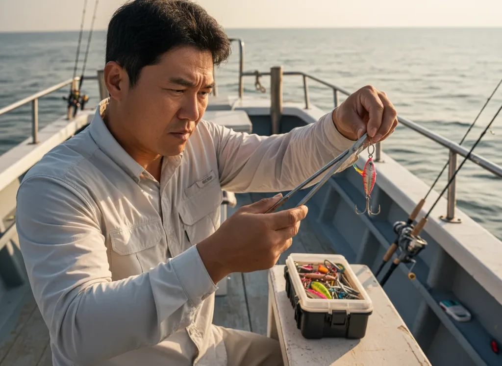 A man carefully uses hemostats to safely handle a treble hook on a fishing lure.