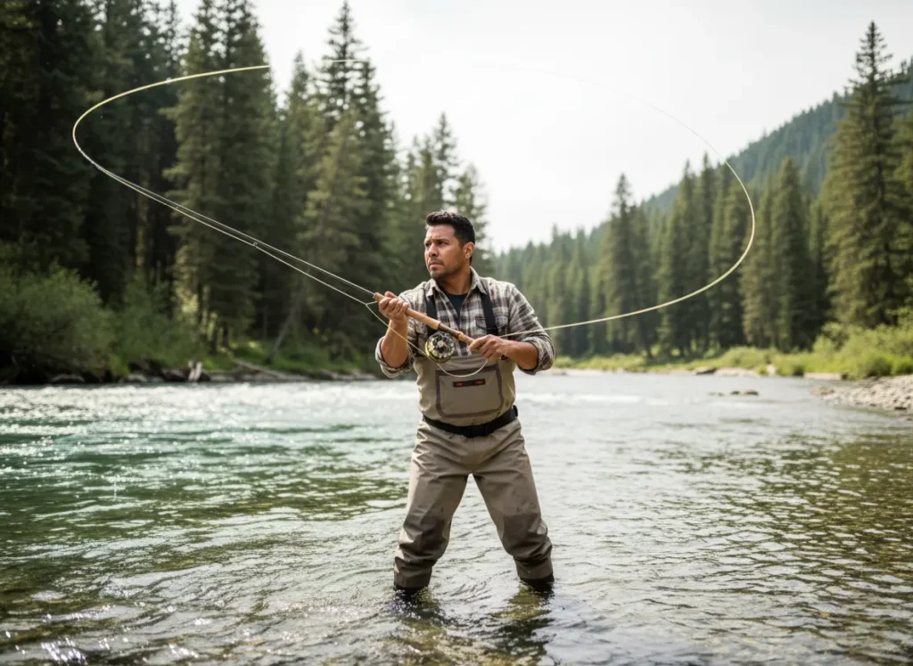A man in his mid-30s executes a perfect fly-fishing cast while standing in a clear river.