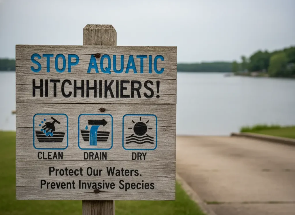 A conservation sign at a boat ramp instructing boaters to "Clean, Drain, Dry" to prevent the spread of invasive species.