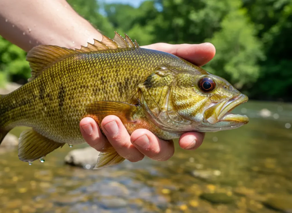 A close-up of a smallmouth bass being held, showing its jawline, red eye, and vertical bar markings.