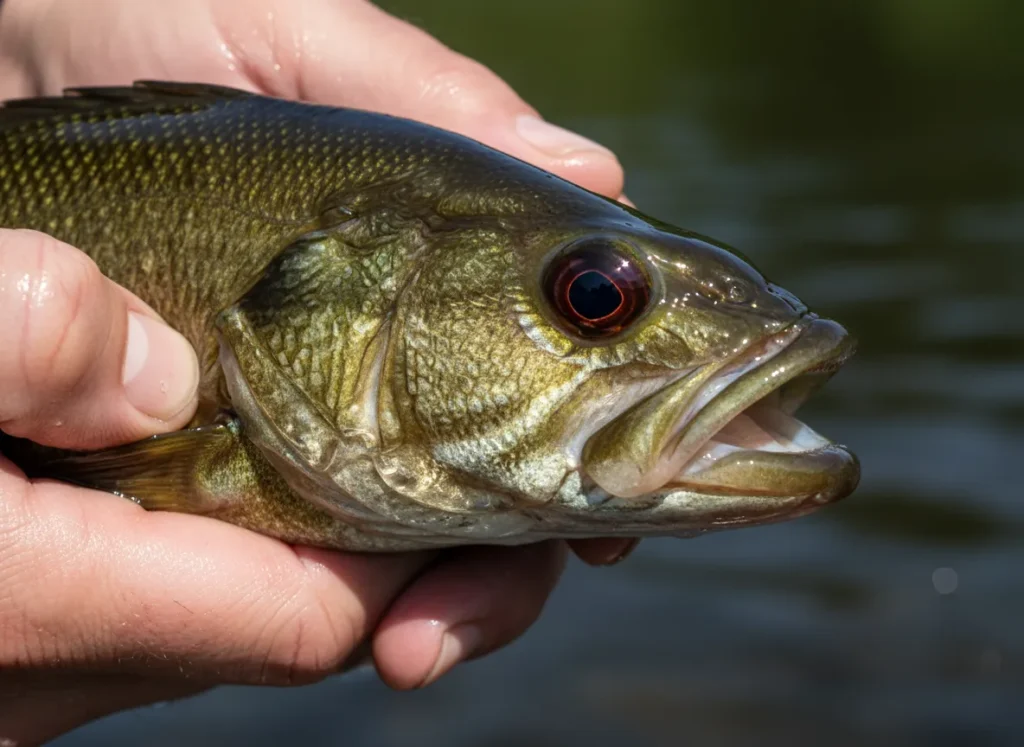 Close-up macro shot of a smallmouth bass head showing the jawline and red eye.