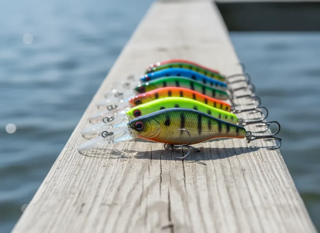 A close-up of three colorful deep-diving crankbait lures with long bills resting on a wooden dock next to the water.
