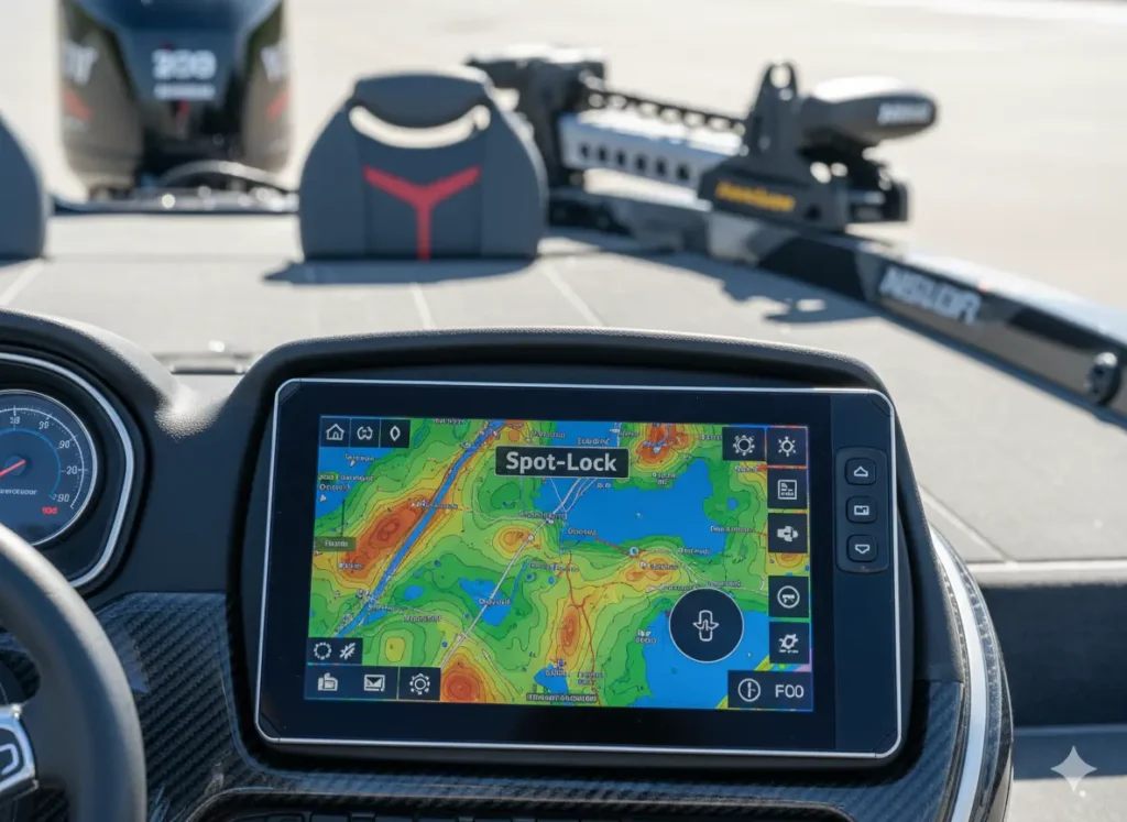 Close-up of a boat's GPS fish finder displaying a Spot-Lock waypoint, with shallow water anchors visible in the background.