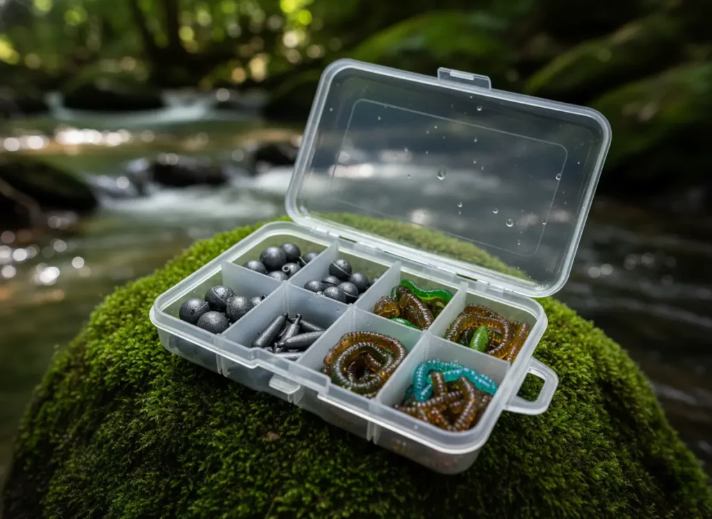 A close-up of a modern fishing tackle box showing compartments with lead-free tungsten sinkers and biodegradable soft plastic lures.