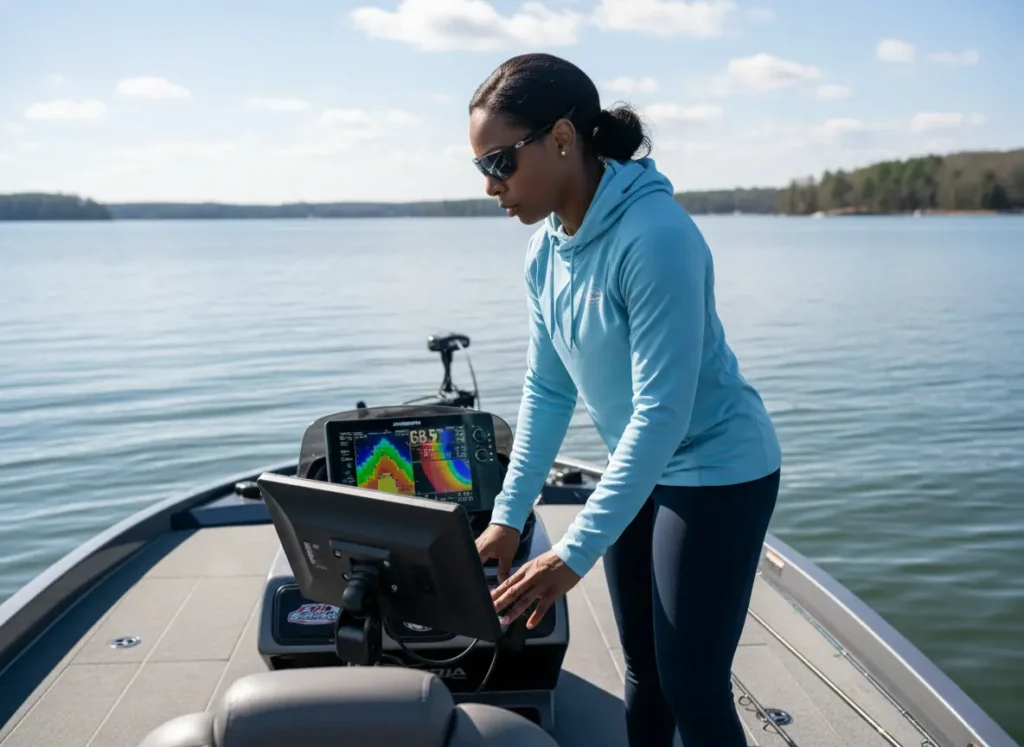 A focused woman in her mid-30s checks the water temperature on a fish finder screen on her boat.
