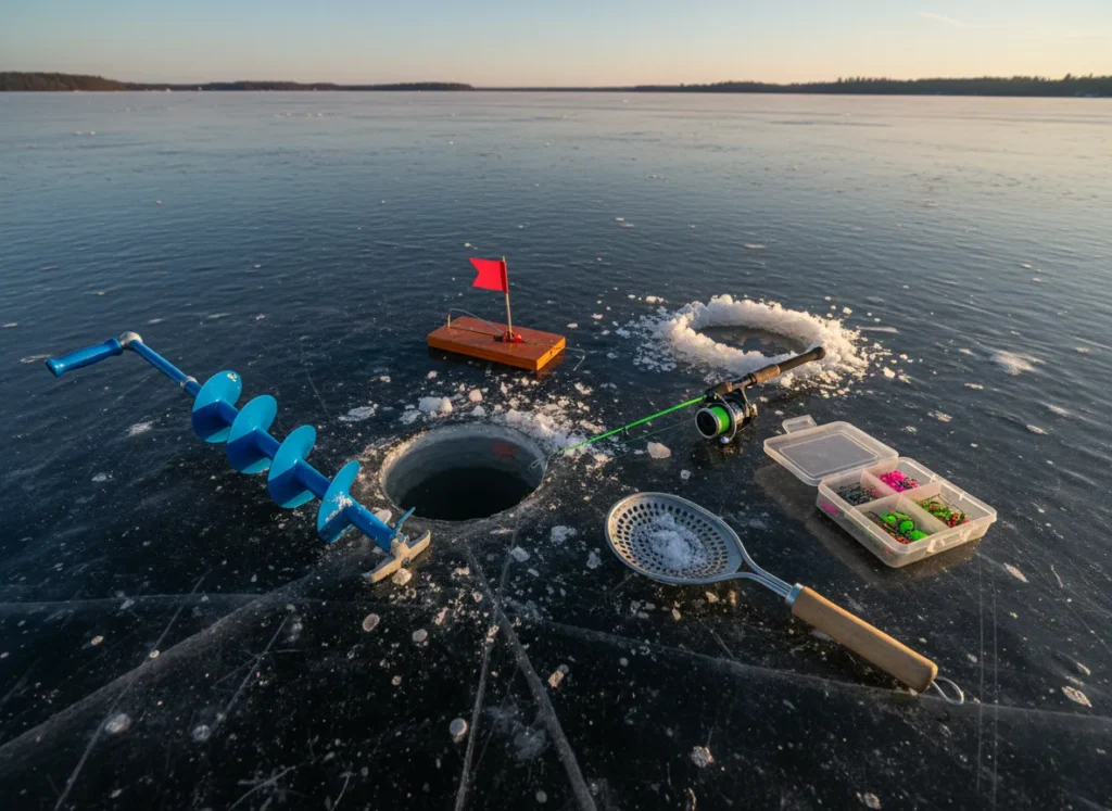 Essential ice fishing gear including an auger, tip-up, and rod, laid out on the surface of a frozen lake next to a hole.