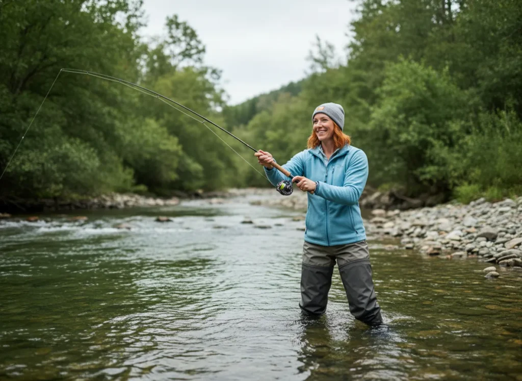 An athletic woman in waders casting a fishing rod in a clear stream, with the tip of the rod flexed to illustrate rod action.