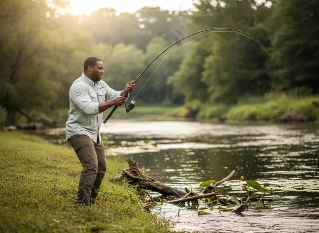 An athletic man fighting a fish, with his fishing rod bent heavily to demonstrate its power against a backdrop of river vegetation.