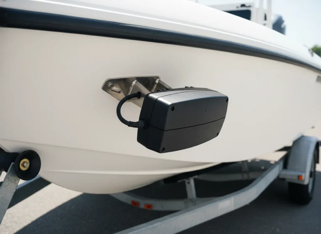 A modern sonar transducer mounted on the transom of a fishing boat, illustrating the technology used to see underwater.