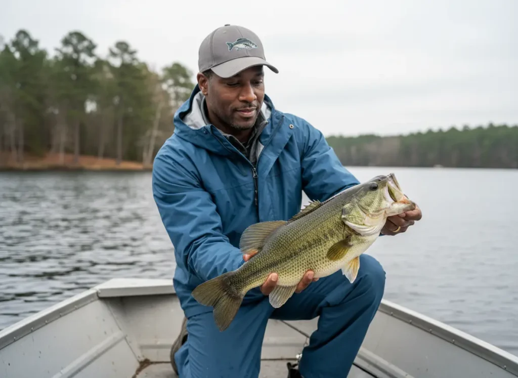 A man in his early 40s carefully holds a largemouth bass at the water's surface, practicing catch-and-release from his boat.