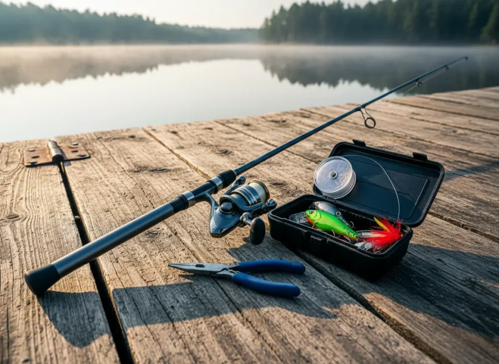 Core fishing equipment including a rod, reel, and an open tackle box laid out neatly on a wooden dock.