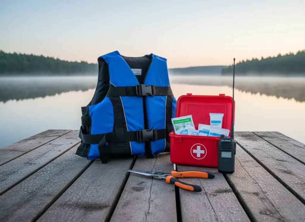 Essential fishing safety gear, including a PFD, first-aid kit, and VHF radio, arranged on a wooden dock.