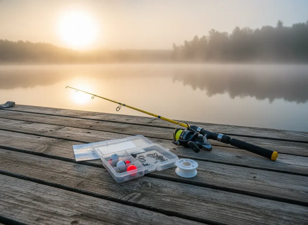 A beginner's fishing kit, including a rod, reel, and tackle box, arranged on a wooden dock by a misty lake at sunrise.