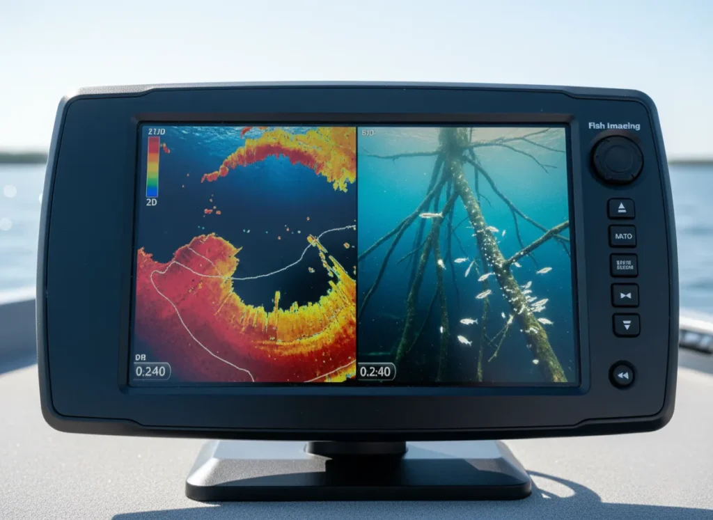 A fish finder screen with a split view comparing traditional 2D sonar to high-definition Down Imaging of a submerged tree.