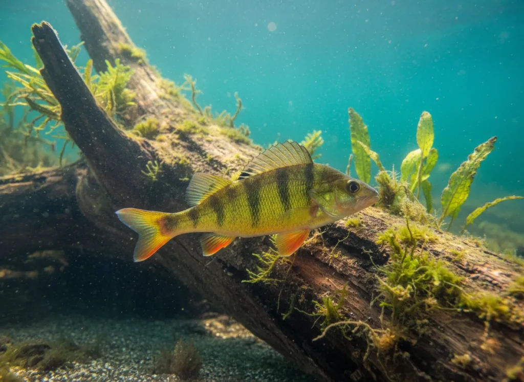 An underwater photograph of a Yellow Perch camouflaged amongst weeds and a submerged log in clear water.