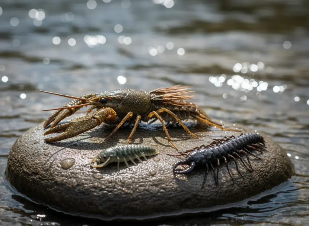 A collection of realistic fishing flies imitating a crayfish, scud, and hellgrammite, arranged on a riverside stone.