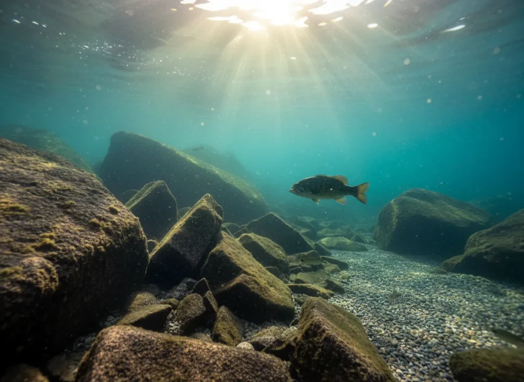 Underwater view of rocky lake bottom habitat with a smallmouth bass swimming near boulders.