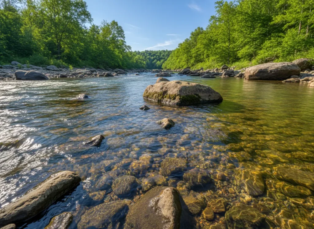 An ideal smallmouth bass river habitat with clear water, a rocky bottom, and large boulders creating current seams.