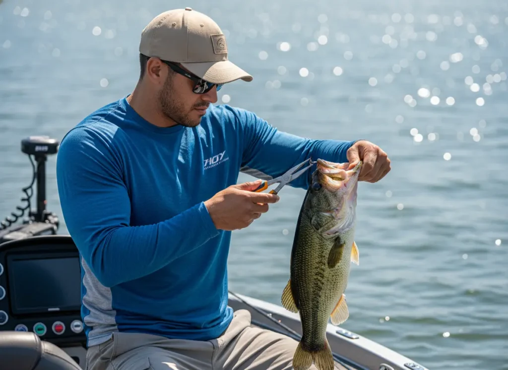 A capable-looking athletic man in his late 20s on a boat, using pliers to safely unhook a largemouth bass.