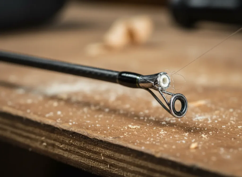 A close-up photograph showing the broken tip and crushed guide on an expensive fishing rod, representing the hidden costs of poor storage.