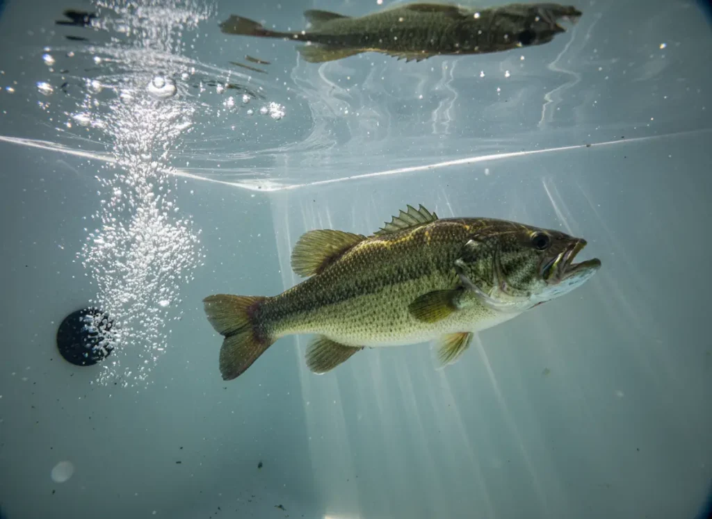An underwater view of a healthy largemouth bass swimming in clear, oxygenated water inside a livewell.