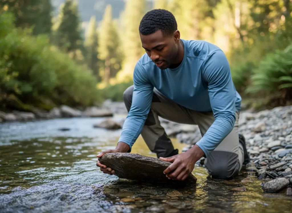 A handsome angler kneels by a stream, closely inspecting a rock for aquatic insects to better understand the fishery.
