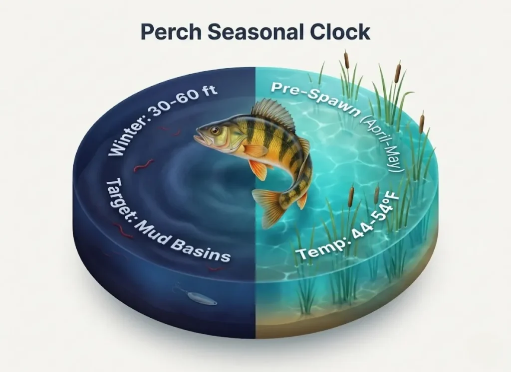 A stunning 3D circular infographic titled "Perch Seasonal Clock" illustrating the migration of Yellow Perch. The graphic splits into two main sections: deep dark blue water for Winter (Jan-Mar) featuring mud basins, and bright turquoise shallow water for Pre-Spawn (Apr-May) featuring reeds. Text labels indicate depths and water temperatures.