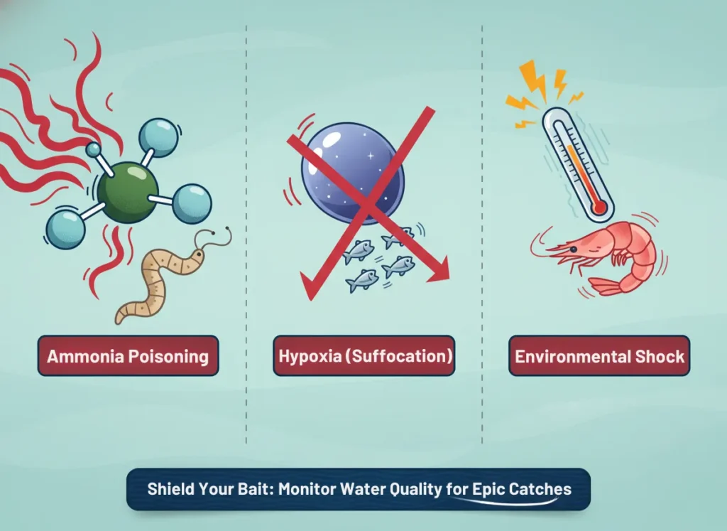 A vibrant horizontal infographic in flat vector style depicting three key hazards to live bait in fishing, featuring stylized icons for toxic molecular buildup, oxygen deprivation, and sudden temperature changes, each paired with a concise explanatory label in contained text boxes, using aquatic blues and warning reds for an engaging educational visual.