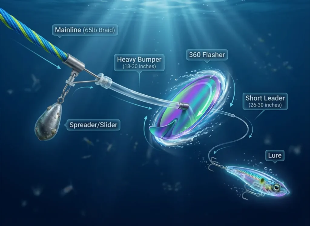 A stunning 3D underwater cross-section illustration showing the anatomy of a 360 flasher fishing rig. The diagram visualizes the mainline, spreader, bumper, flasher, leader, and lure in sequence, with floating text labels indicating specific lengths and components against a deep blue gradient background.