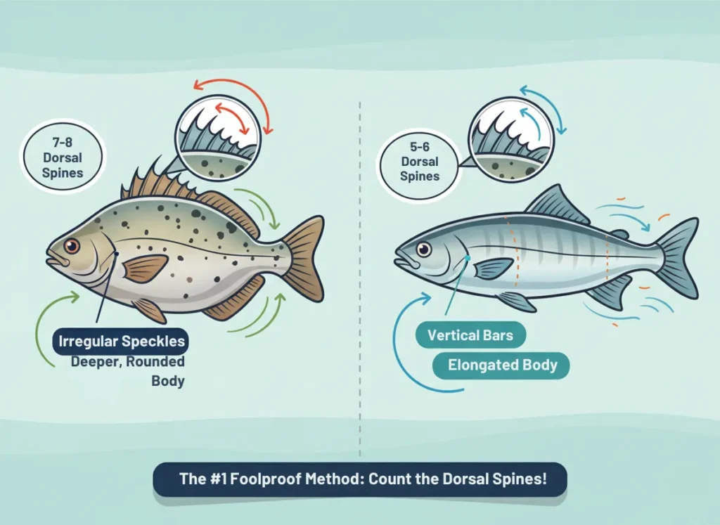 Side-by-side infographic diagram comparing black and white crappie for foolproof identification, featuring magnified dorsal fin close-ups with spine counts, highlighted body markings like speckles versus vertical bars, and contrasting rounded versus elongated body shapes, in a vibrant educational vector style.