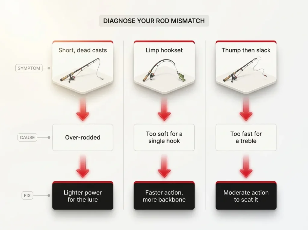 Flowchart infographic diagnosing rod mismatch symptoms to their cause and fix across three failure cases