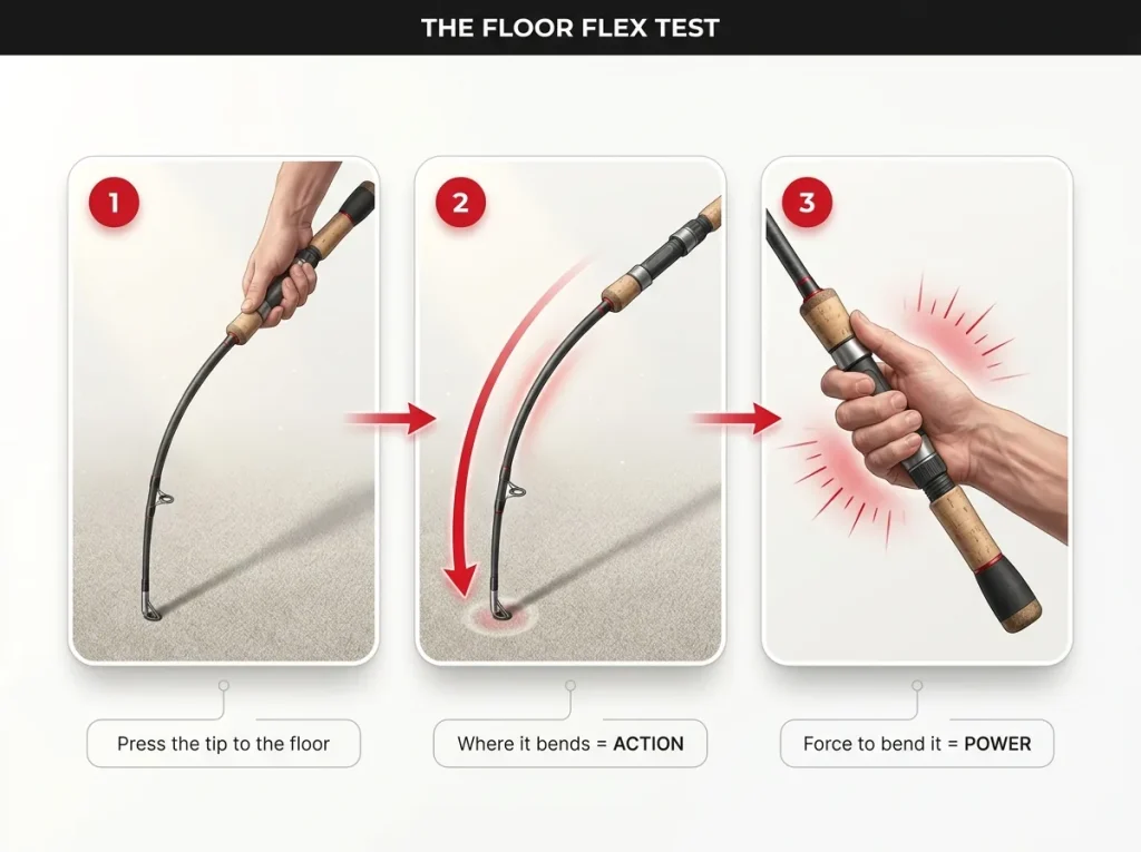 Step-by-step infographic showing the floor flex test with arrows marking where a rod bends for action and grip force for power