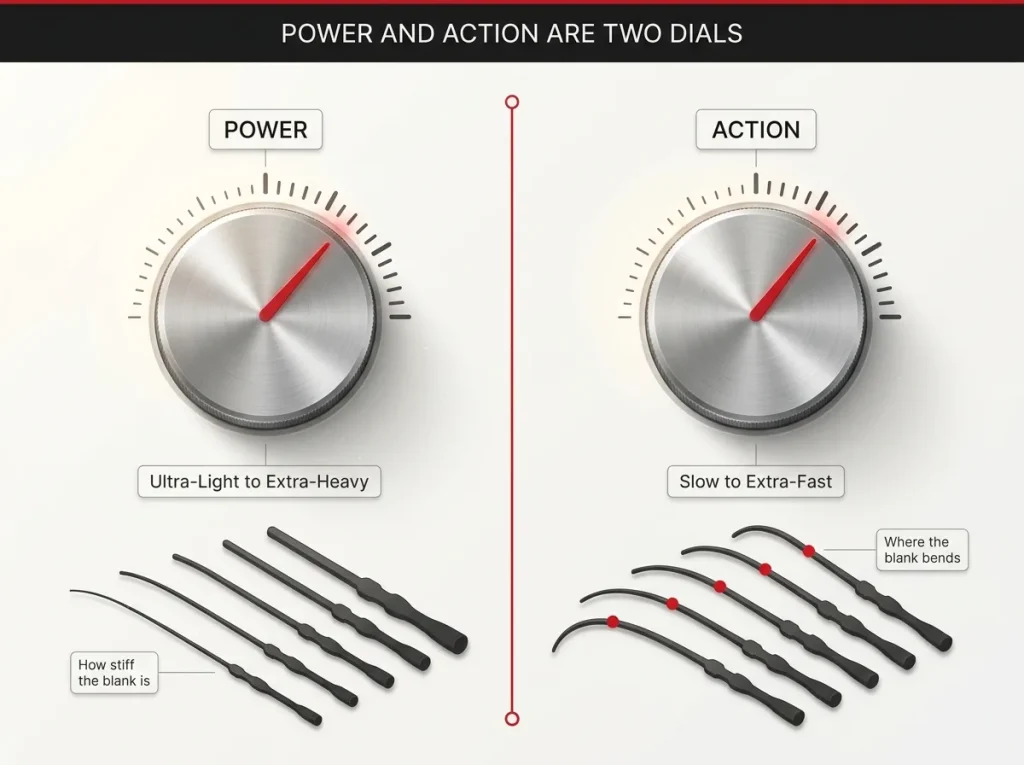 Infographic showing rod power vs action as two independent dials with rod silhouettes illustrating stiffness and bend point