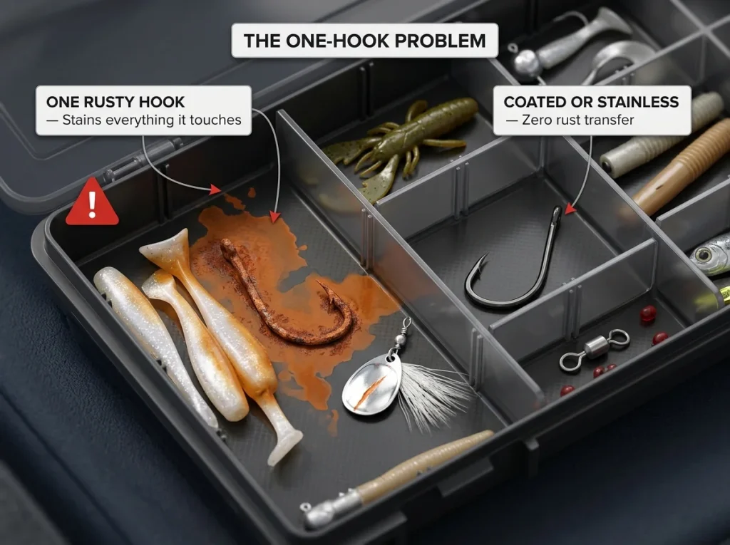 Documentary close-up of a tackle tray showing one rusted freshwater hook spreading orange rust onto nearby lures, contrasted with a clean coated saltwater hook