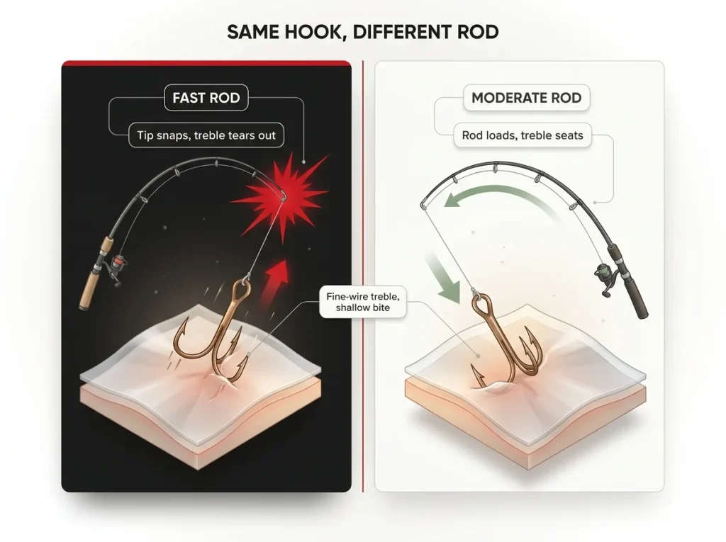Two-panel infographic comparing a fast rod tearing a treble hook free versus a moderate rod seating the hook