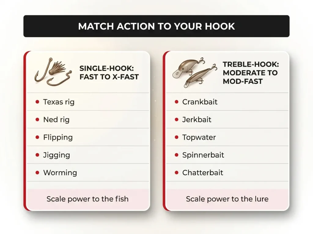 Two-block cheat table matching single-hook techniques to fast action and treble-hook techniques to moderate action rods