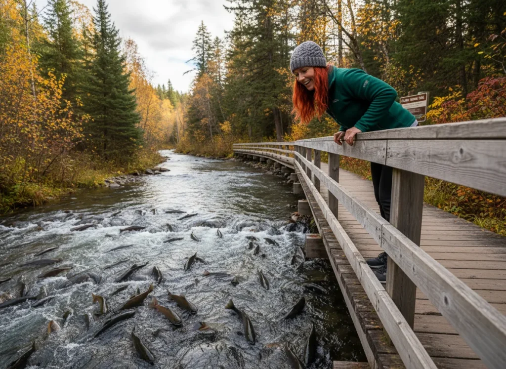 A woman in her 30s watches with awe as salmon spawn in a creek from a viewing trail.