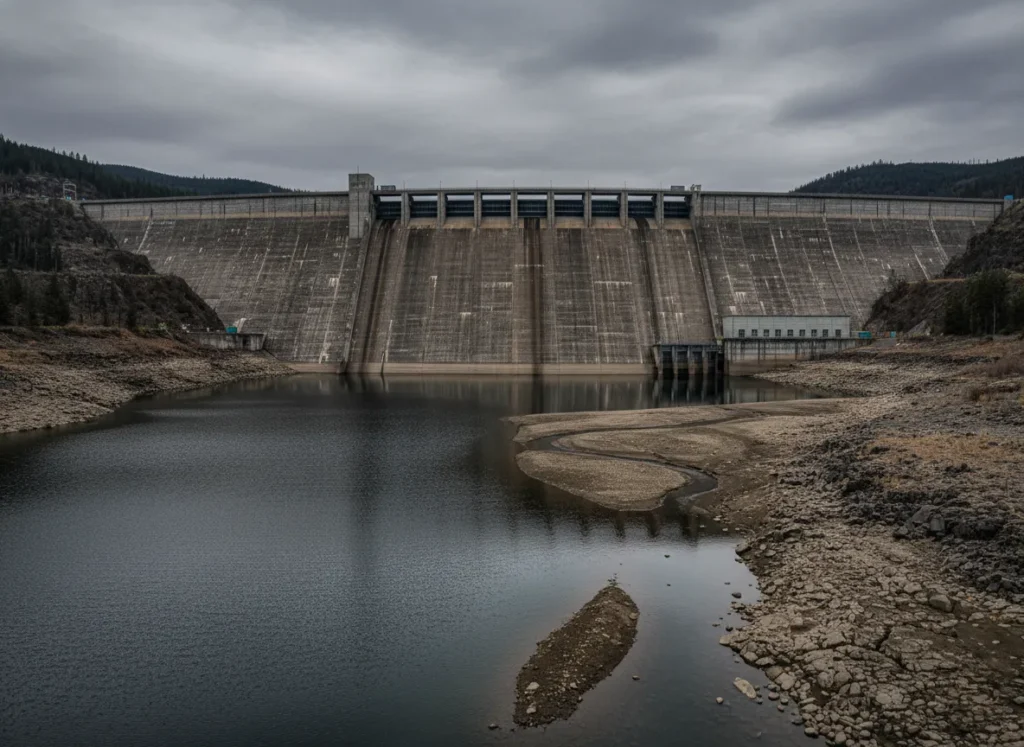 A large, imposing concrete dam on a river, representing a major threat to salmon populations.