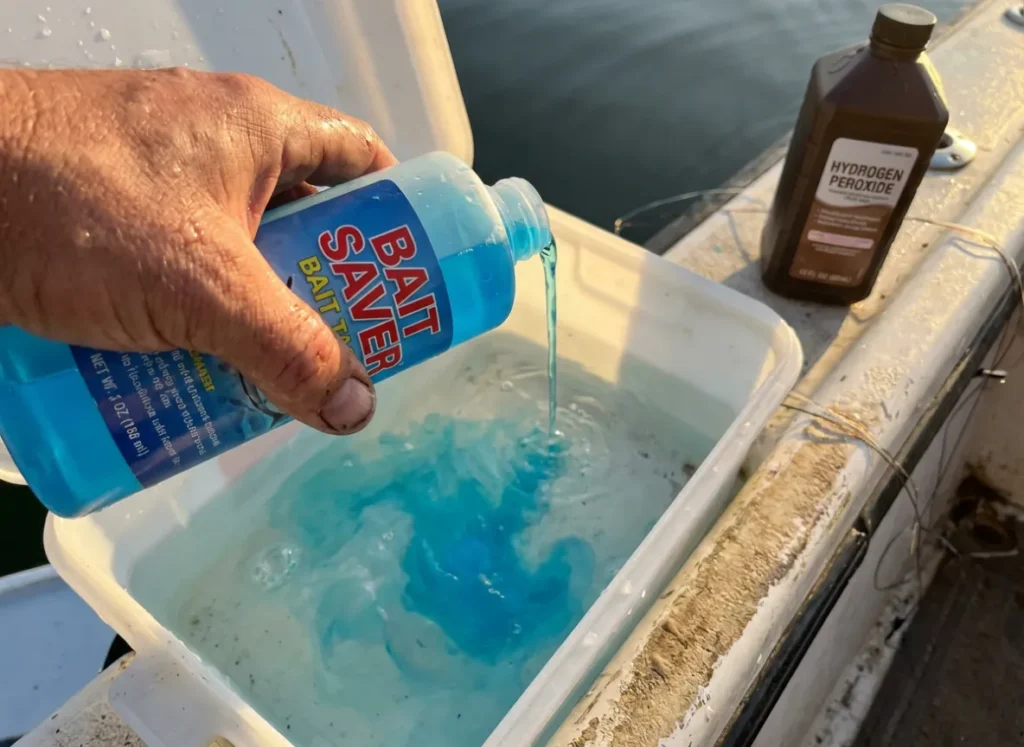 Pouring blue water conditioner additive into a live bait tank to neutralize toxins.