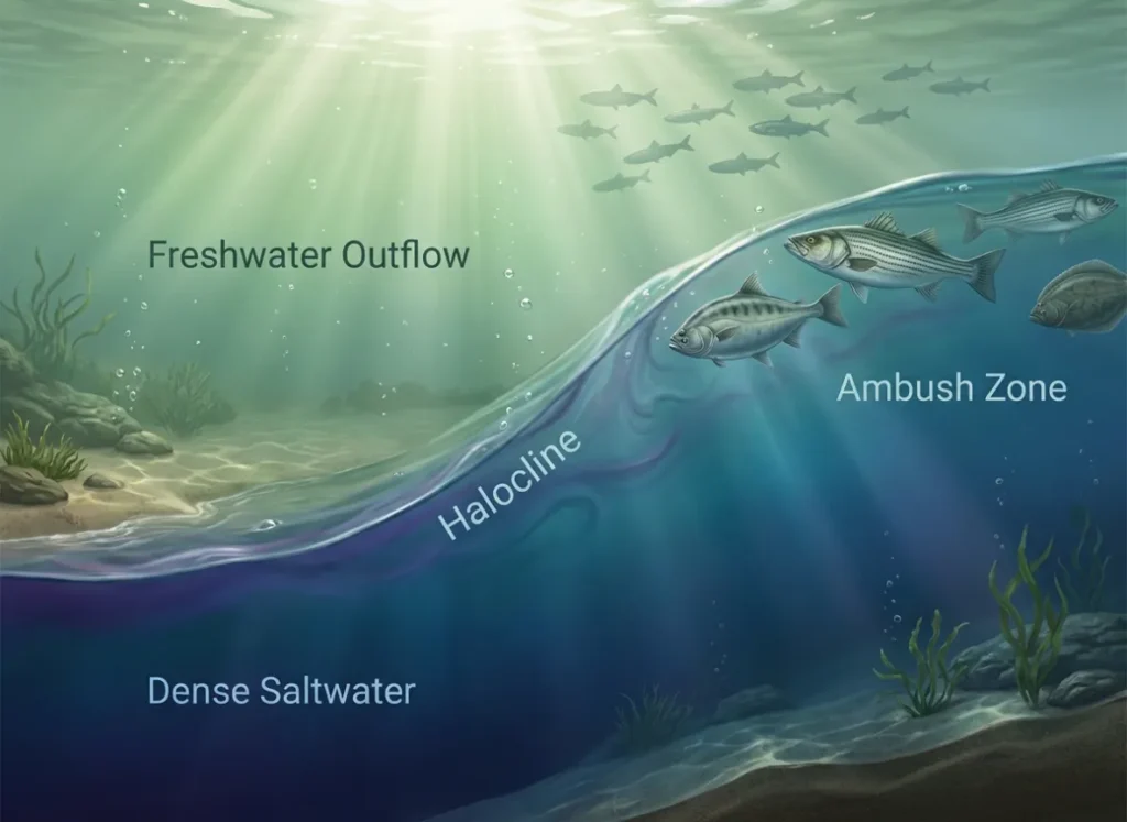 Create a masterpiece of digital art known as a Semantic Infographic, visualizing the "Anatomy of a Salt Wedge" in a tidal river. The style is a "Premium Vector-Realism Fusion"—a blend of flat vector clarity with 3D global illumination, resembling a high-budget feature in a scientific journal.
