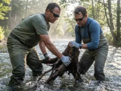 Angler Habitat Restoration: A Field Guide to Stewardship Two anglers in waders moving a large log in a river to restore fish habitat.