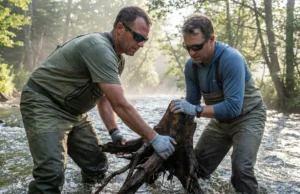 Angler Habitat Restoration: A Field Guide to Stewardship Two anglers in waders moving a large log in a river to restore fish habitat.