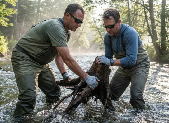 angler-habitat-restoration Two anglers in waders moving a large log in a river to restore fish habitat.