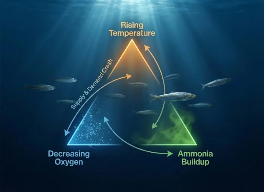 A high-definition 3D infographic illustrating "The Bait Survival Triangle" underwater. A glowing triangle connects labels for Temperature, Oxygen, and Ammonia, demonstrating how high heat lowers oxygen levels while increasing fish metabolism, leading to a "Supply & Demand Crash."